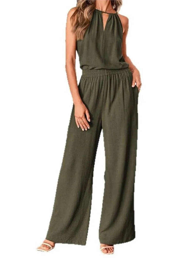 Damski zestaw na wiosnę i lato: bezrękawnik, dwuczęściowy komplet, modny, ażurowy dekolt, topy, spodnie z szerokimi nogawkami, strój na co dzień, jednolity kolor.