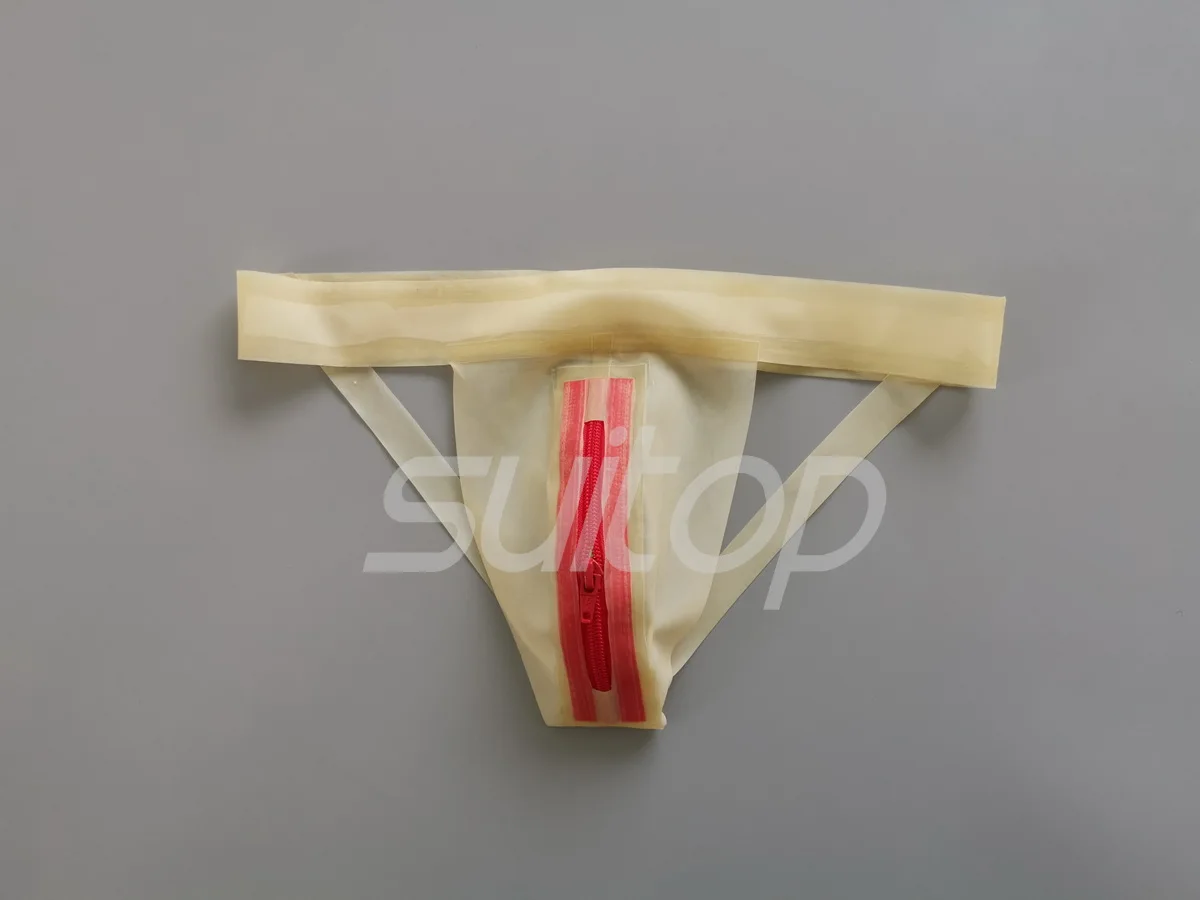 

Men's latex jockstraps with front zip in transparent and red zip