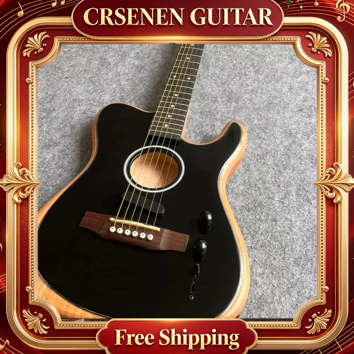 TEL Acoustasonic Guitar Black Gloss Body Acoustic Electric Dual Use Built In Pickup Beginner Stage Performance  Gift