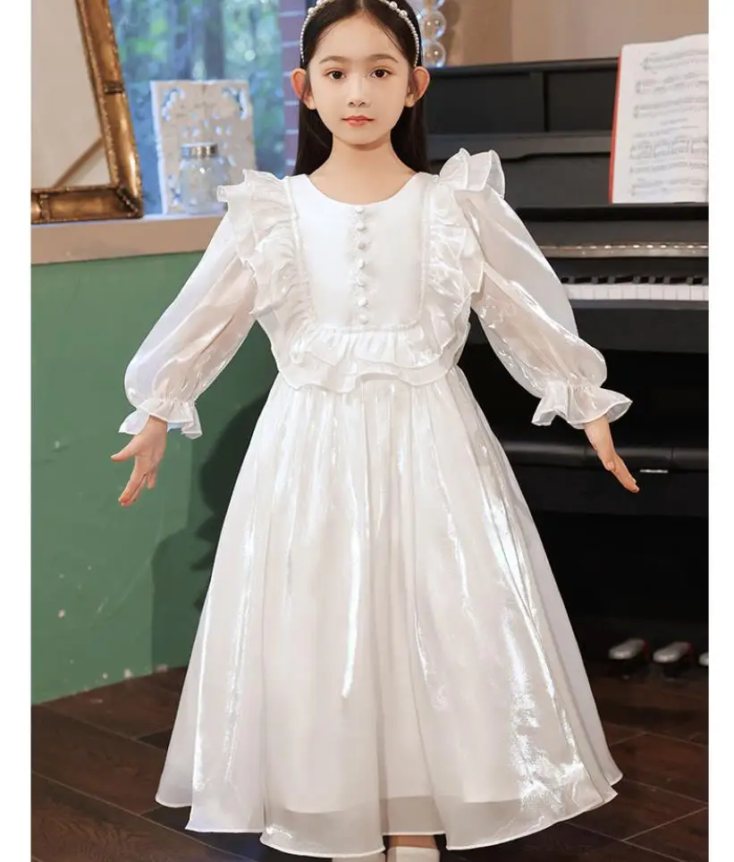 High-End Children Princess Evening Gown Wood Ear Button Design Wedding Birthday Party Christening Dresses For Girls Easter A1575