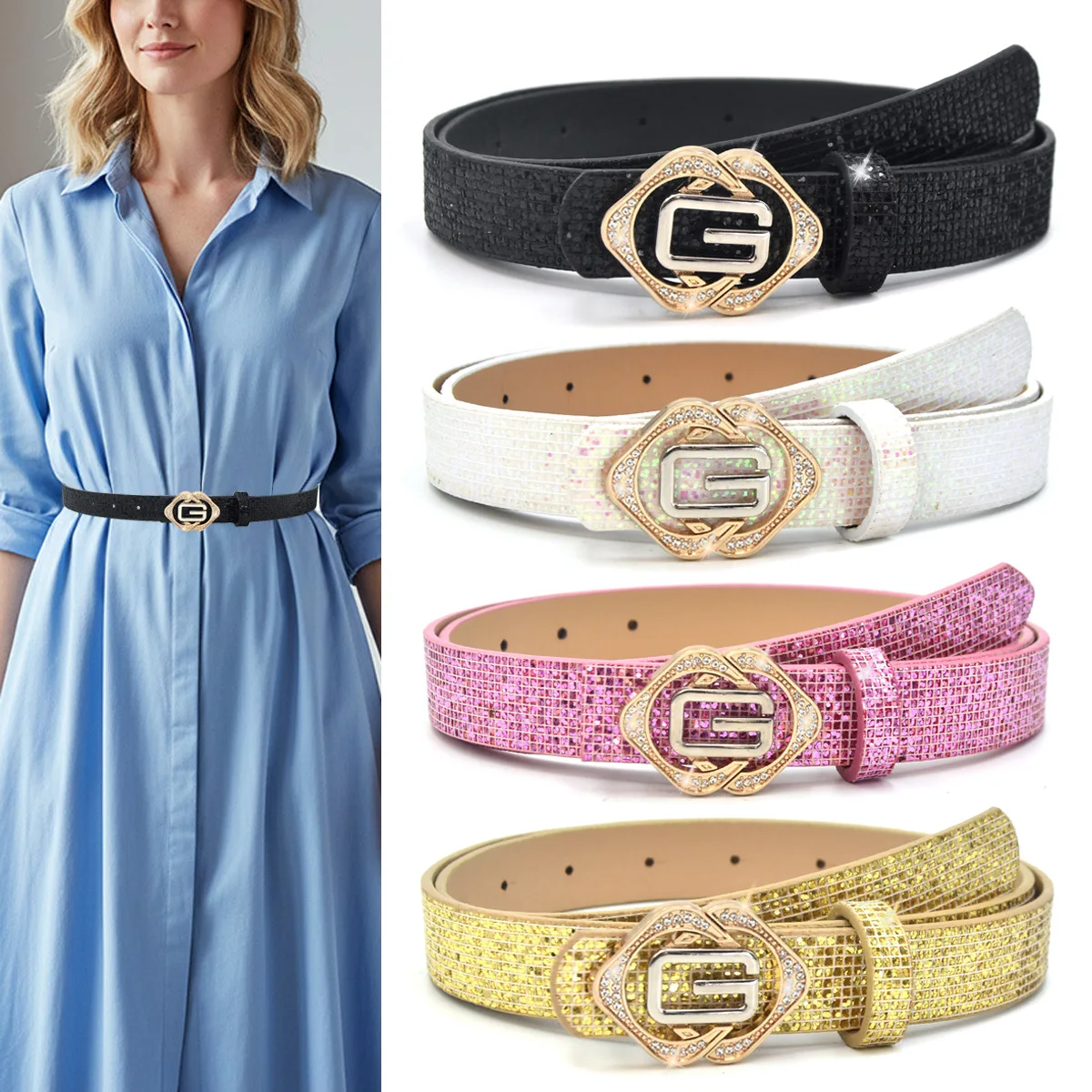 Women Glitter Rhinestone Thin Belt, Sparkly Crystal Floral Buckle Waistband, Versatile Decorative Belt for Dress Jeans Party