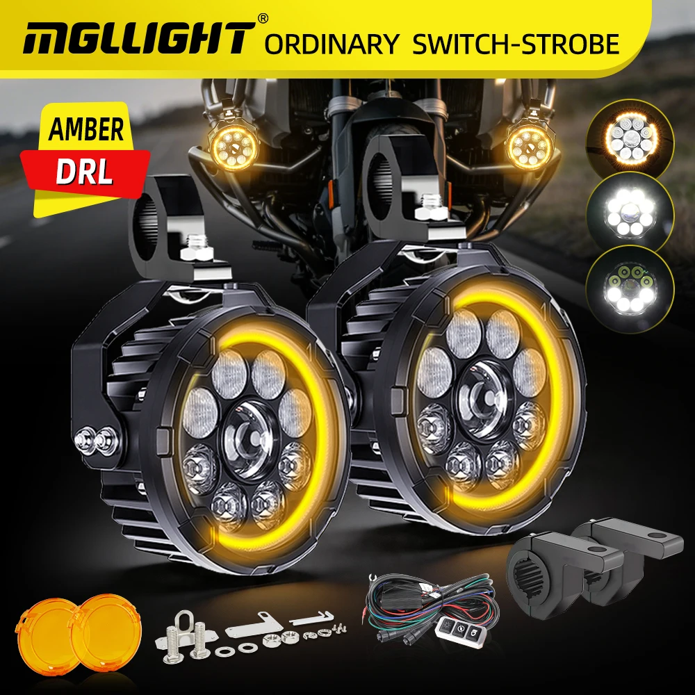 MGLLIGHT 5 inch Dimmable Strobe Off Road Front Light White Yellow DRL Motorcycle Spot Lights 12-80V Multifunctional Auxiliary Lamp For ADV Motorbike GS BMW