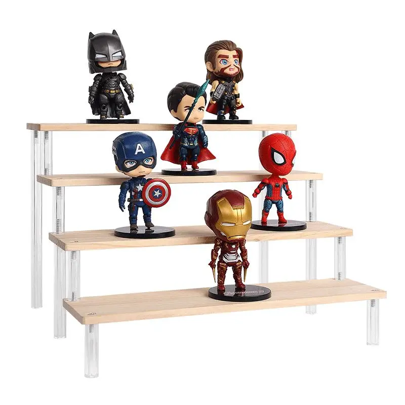 

Wooden Step Storage Shelf with Clear Acrylic Pillars for Blind Box Toys, Action Figures, Assemeble Display Stand for Perfume