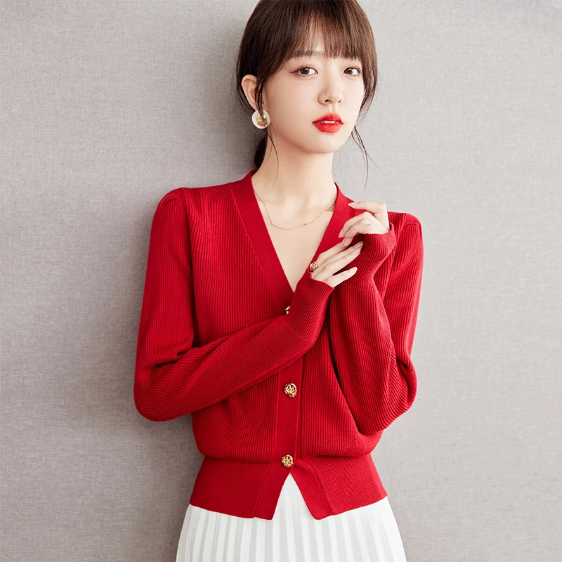 Red Knitted Cardigan V-neck Single Breasted Sweater Coat Autumn Winter Women Elegant Chic Slim Casual Short Wool Jacket C2663