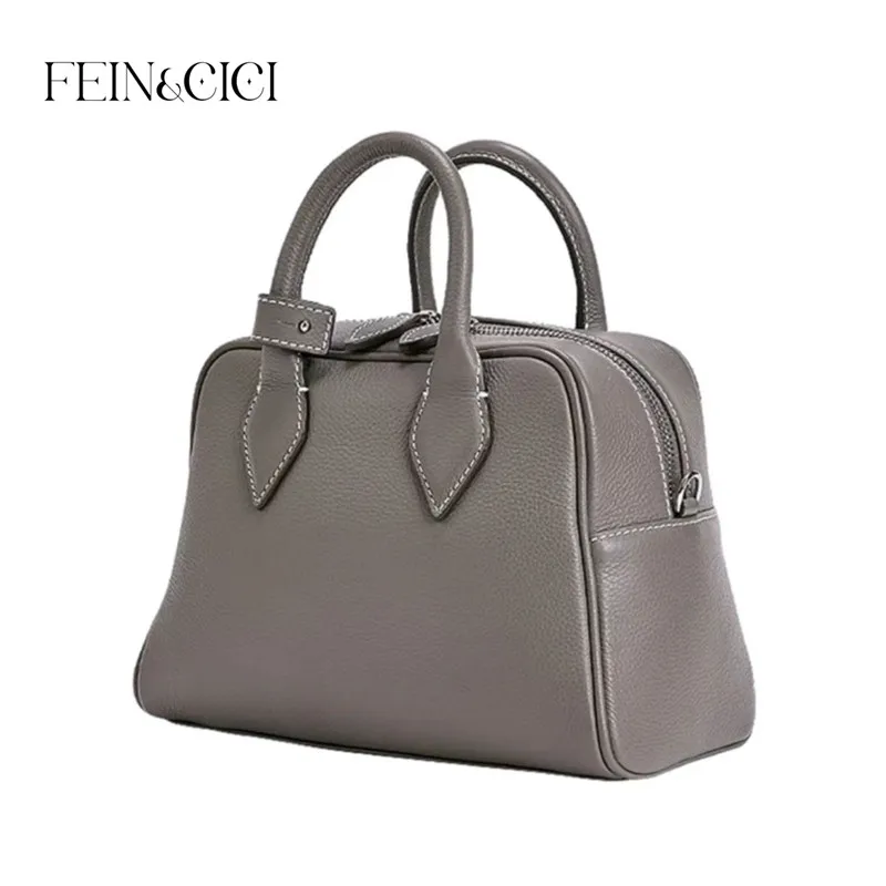 Designer boston tote bag women genuine cowskin handbag female bucket shoulder bag purple black ivory white 2023 korea new