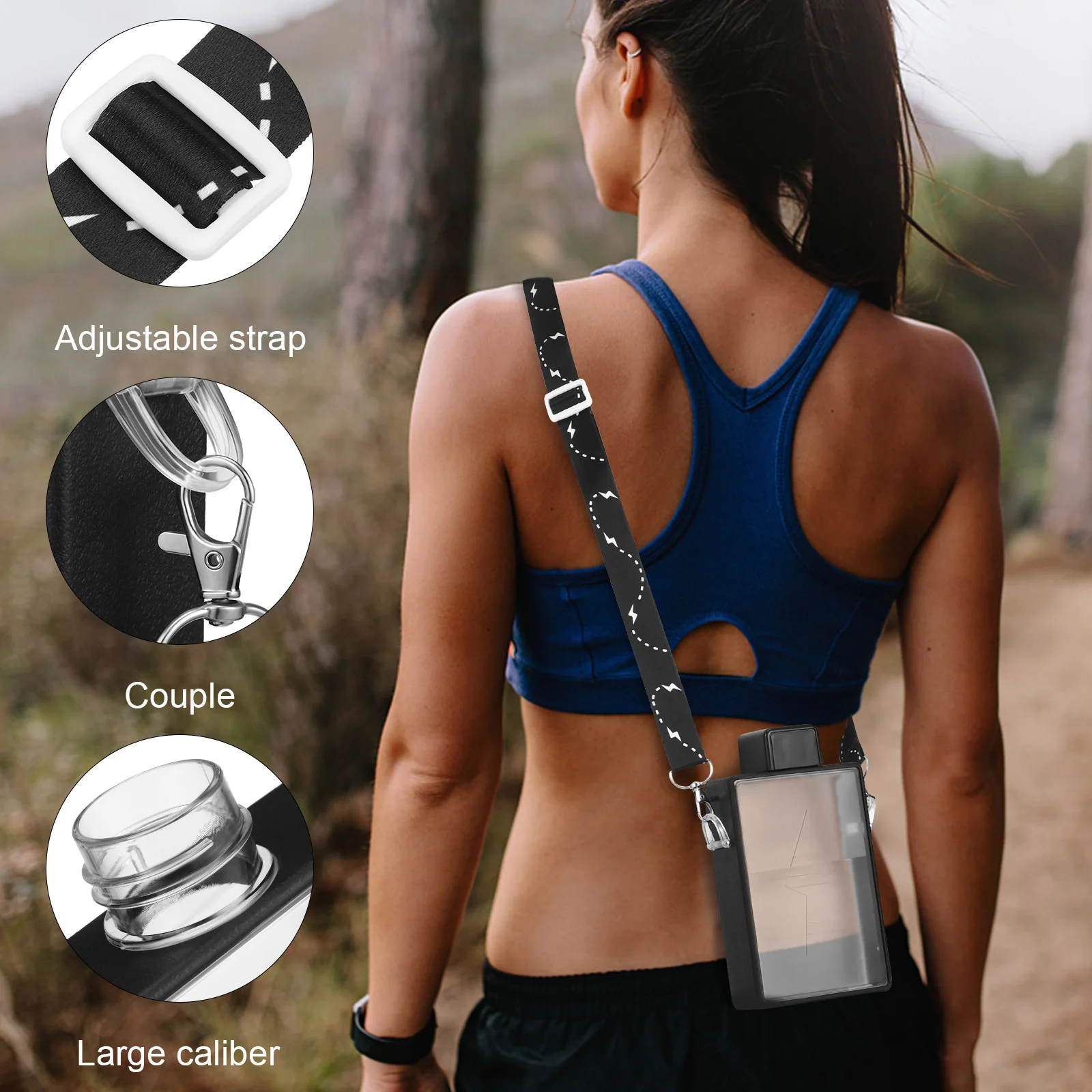 

450ml Portable Rectangular Plastic Water Bottle Flat Slim Design Adjustable Strap Sports Bottle for Gym Outdoors