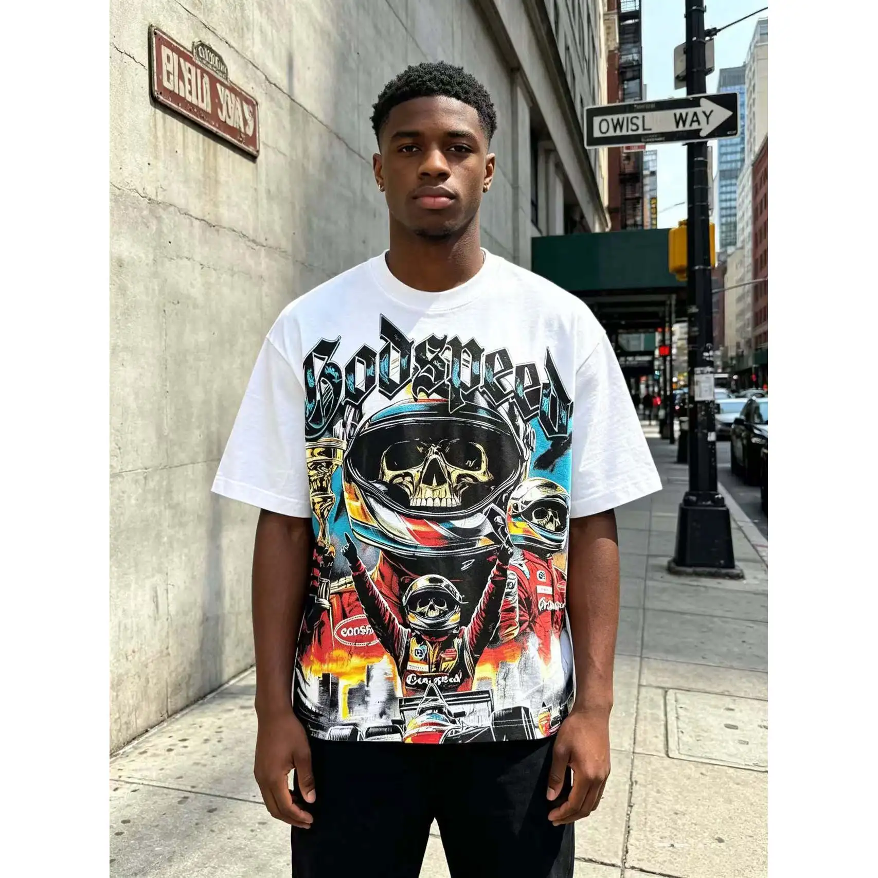 Godspeed American  Racing Skeleton Man INS Trendy High Street Loose Heavyweight Double Cotton Short Sleeve T-Shirt
