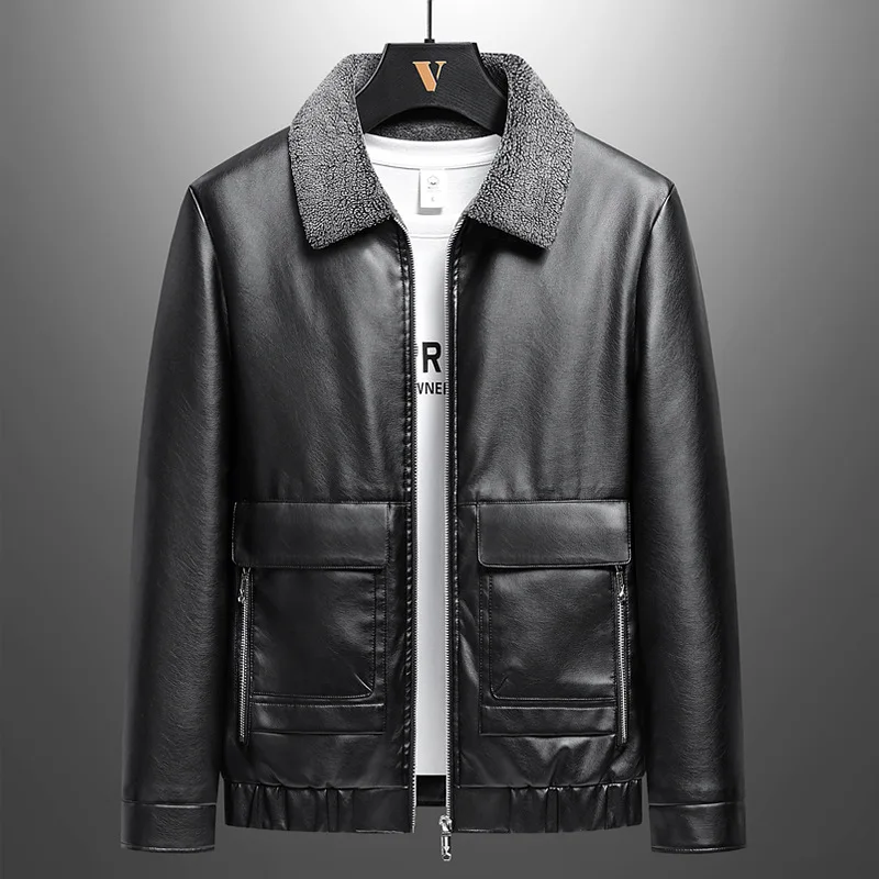 New casual men's fur one leather coat trend Autumn winter Business casual high-end warm lapel coat men's leather jacket