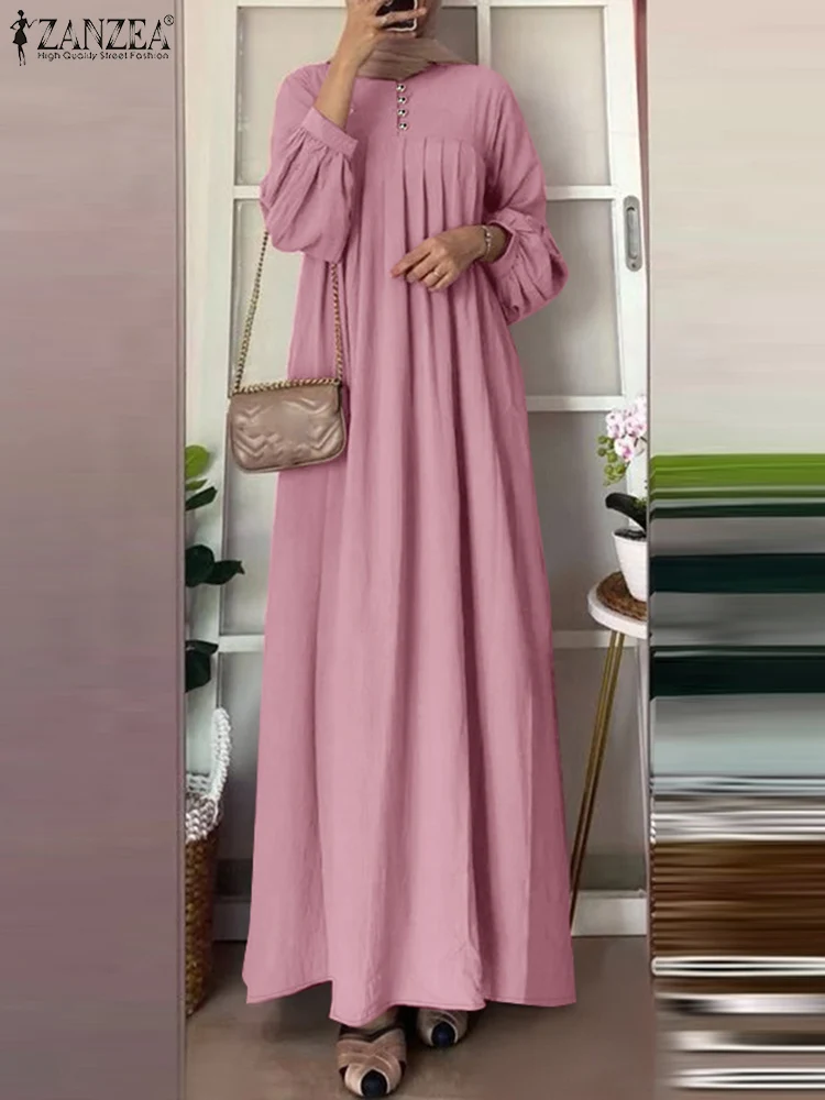 

Elegant Long Lantern Sleeve Dress Women Autumn Sundress ZANZEA Muslim Abaya Robe Femme Solid Pleated Vestidos Islamic Clothing