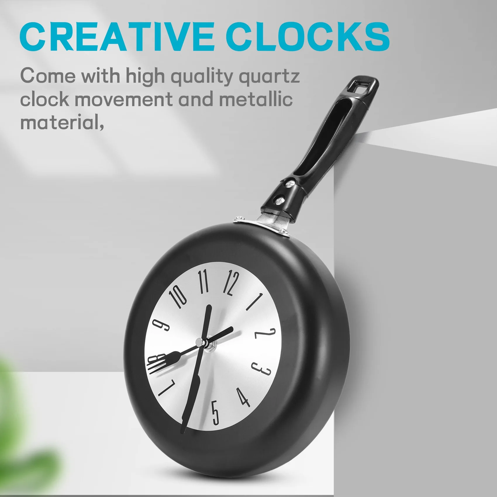 8 Inch Frying Pan Design Hanging Wall Clock Kitchen Metal Clock ,Themed Unique Wall Watch,for Home Room Decoration,Black