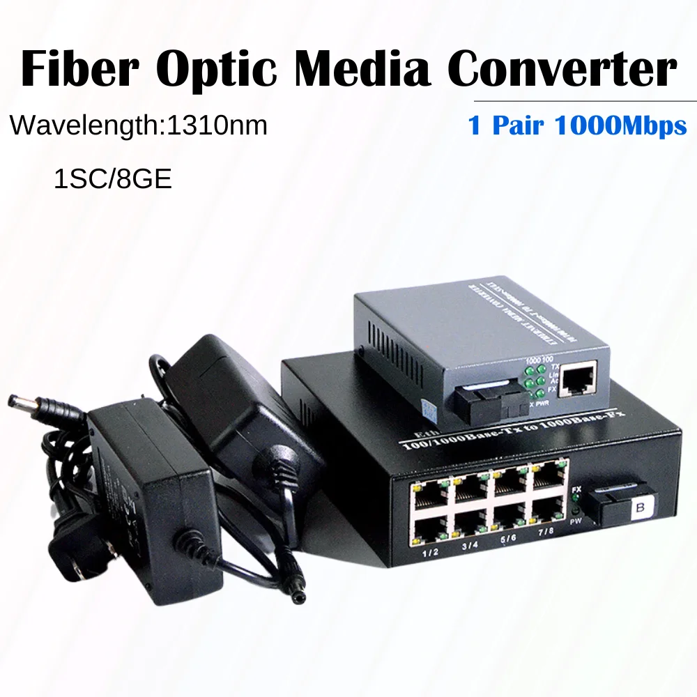 

1 Pair 1000Mbps Fiber Optic Media Converter Gigabit Signlemode 1 CH*SC 8 CH*RJ45 Transceiver RJ45 Receiver Media Converter