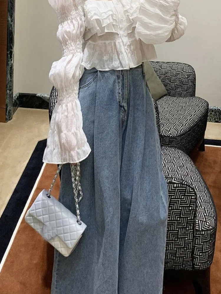 [EWQ] One-button Pleated Denim Trousers For Women Streetwear High Waist Wide Leg Jeans 2024 Spring Summer New Chic Pants 16Y6618