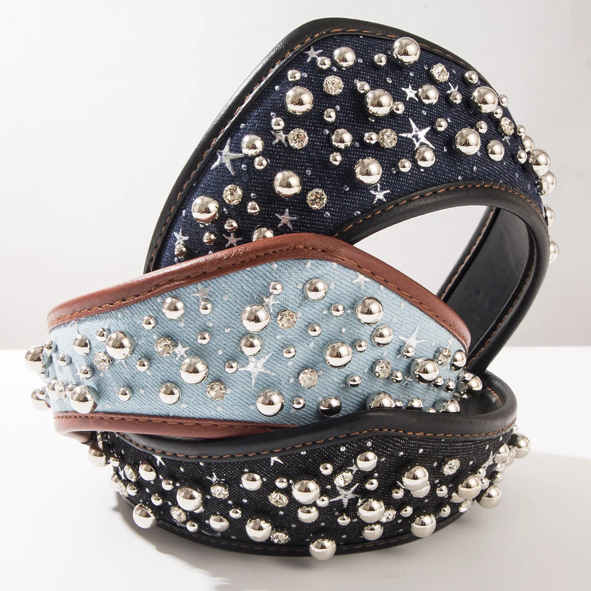 Korean style color block pu leather hot stamped star rhinestone pearl denim wide brim crown headband hair accessory