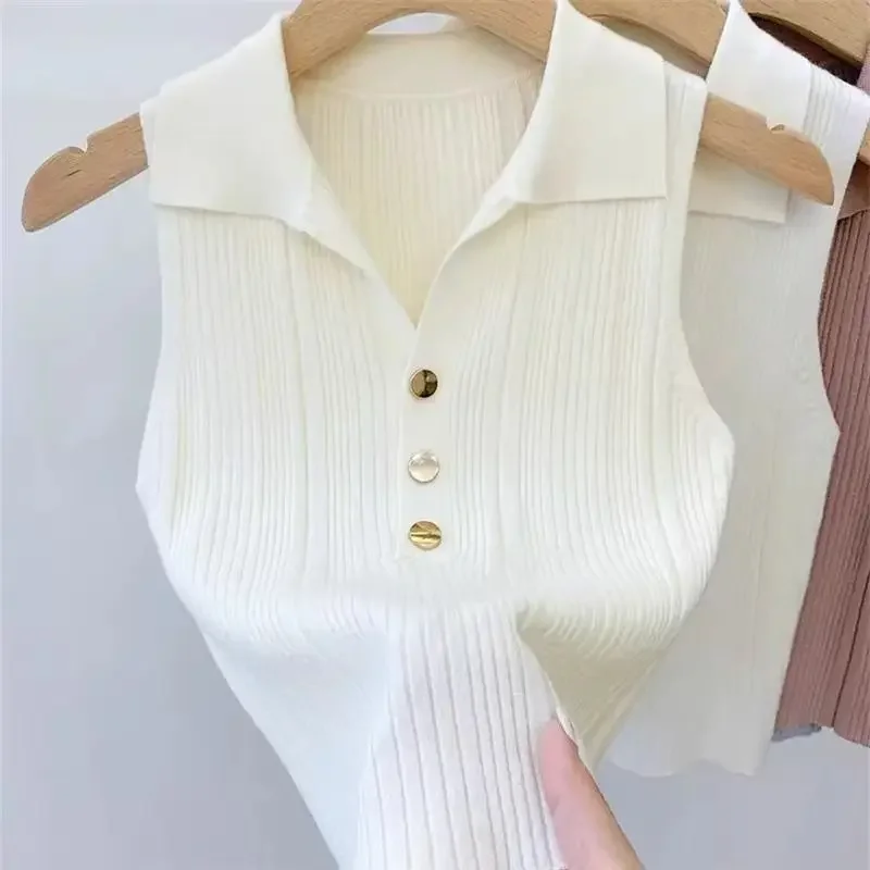 Summer Office Lady Simplicity Turn-down Collar Sleeveless Pullovers Women Clothes Slim Solid Color Polo-neck Knitting Top Tee