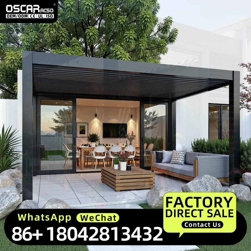 Fixed/Adjustable Sun Louver Automatic Ventilation Aluminum Sunshade Roof for Backyard Poolside Garden Patio Pergola