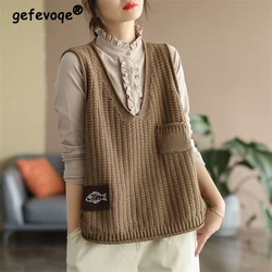 Women Vintage Appliques Pocket Simple Casual Knitted Sweater Vest Spring Autumn Solid V Neck Sleeveless Loose Outewear Waistcoat