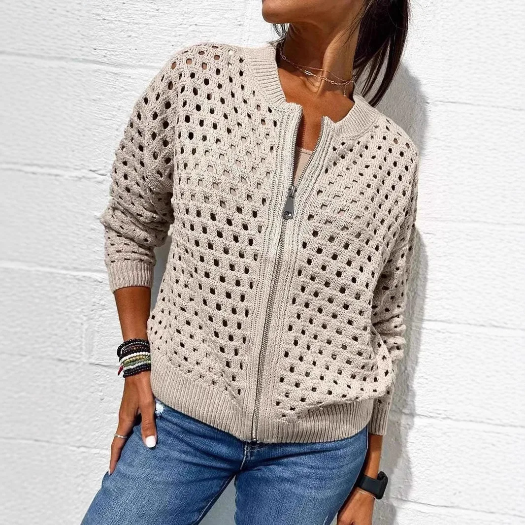 

2026 Autumn New Women's Sweater Zipper Cardigan Hollow Long-sleeved Jacket Grid Round Neck Cardigan Printed Jacket Coat chaqueta