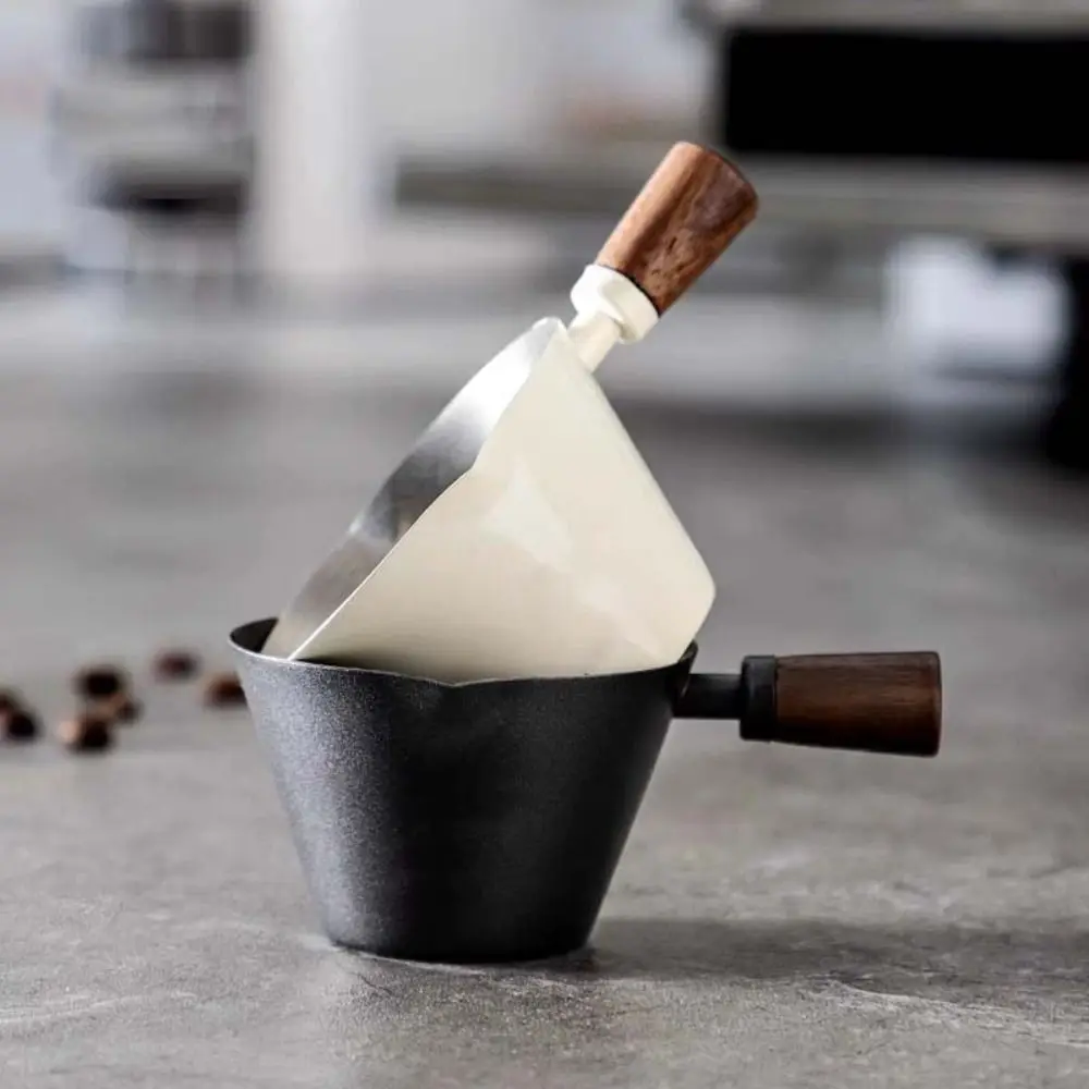 Wood Handle Coffee Measuring Cup with Scale Stainless Steel Espresso Measuring Dosing Cup Unbreakable Spout Pouring Cup Milk