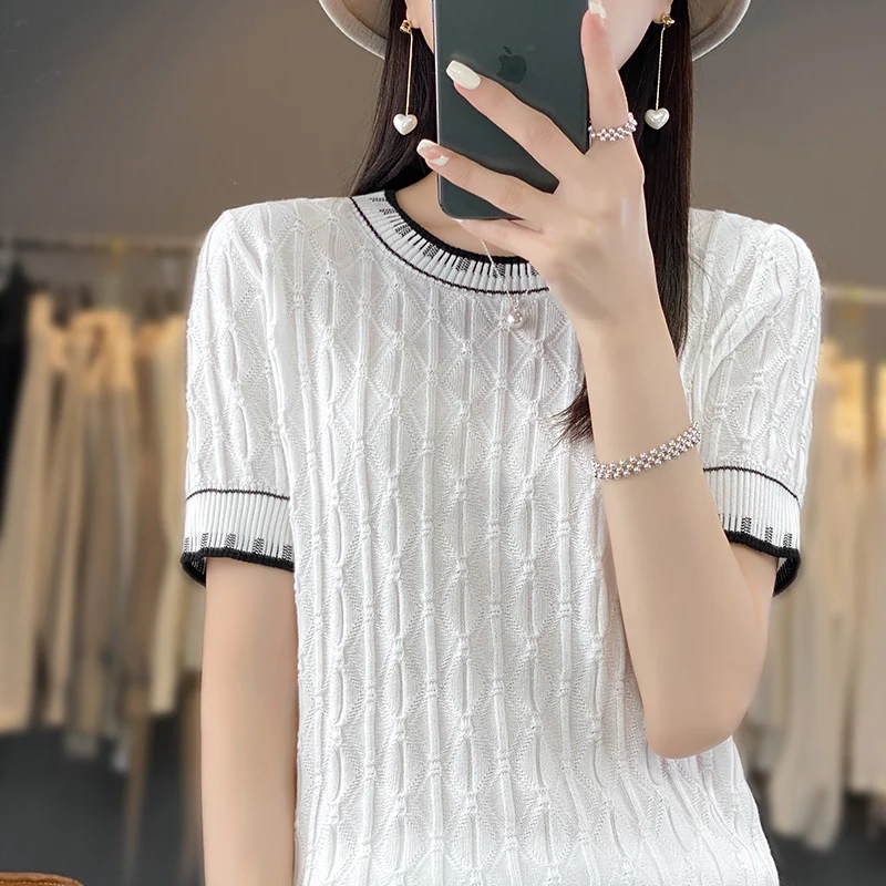 100% Cotton Knitted T-shirt Women\'s Casual Fashion Pullover Short Sleeve 2023 Summer New Round Neck Panel Korean Loose Top T-shi