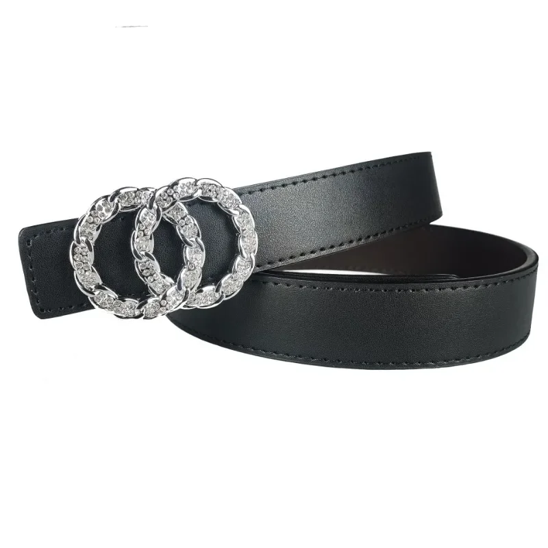 Small Genuine Leather Belt Women's Double Loop Buckle Belt Diamond Inlay Double-sided Usable Cowhide High-quality Versatile Belt