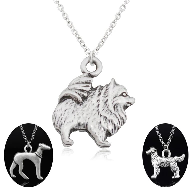 Vintage 3 Style Pomeranian & Samoyed & Keeshond & Golden Retriever & Whippet Dog Charms Pendant Necklace Women Pet Lover Gift