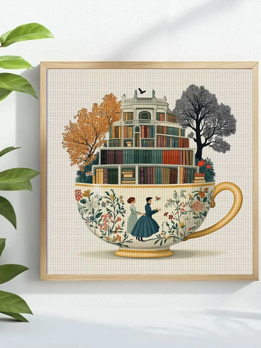 1 Stück 40x40 cm/15,74 Zoll Teetasse Gestempeltes Kreuzstich-Set DIY-Kit 11CT/14CT DIY-Stickset DIY-Kreuzstich-Set Joy Sunday – Detail 1