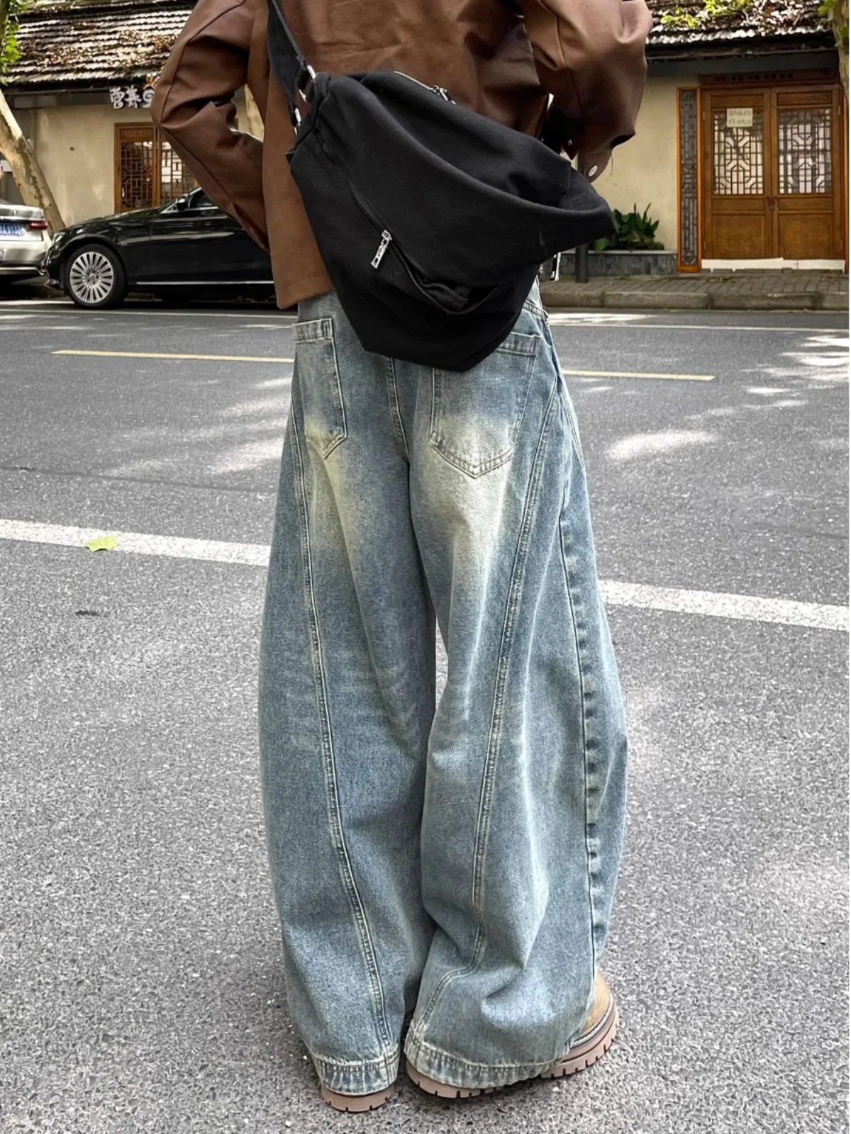 

Мужские джинсы в стиле ретро, американский пэчворк, прямые, винтажные, широкие, с эффектом потертости, молодежные, повседневные