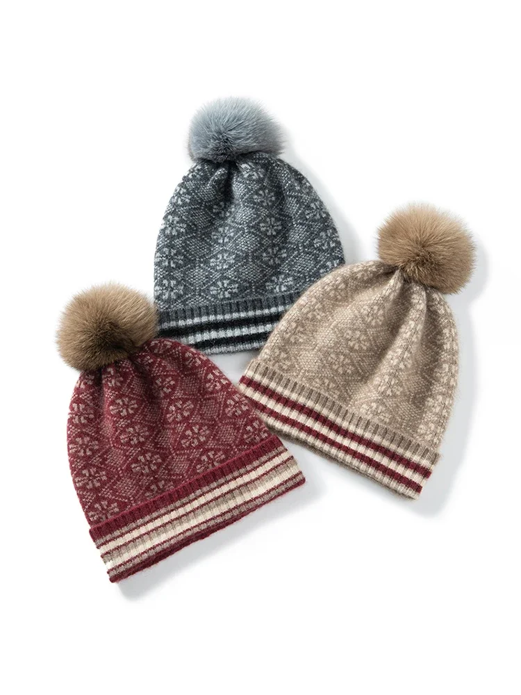 Cashmere Vintage Jacquard Knit Thick Beanies Rabbit Pom-pom Ribbed Hem Soft Cap Hat Autumn Winter Warm Wool Christmas Present