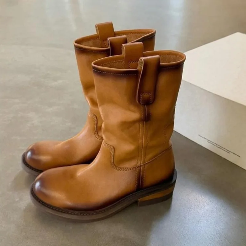 Retro Soft Leather Western Cowboy Boots Women Antiquing Chunky Heel Winter Women's Boots Pleated Round Toe Knight Boots Ladies