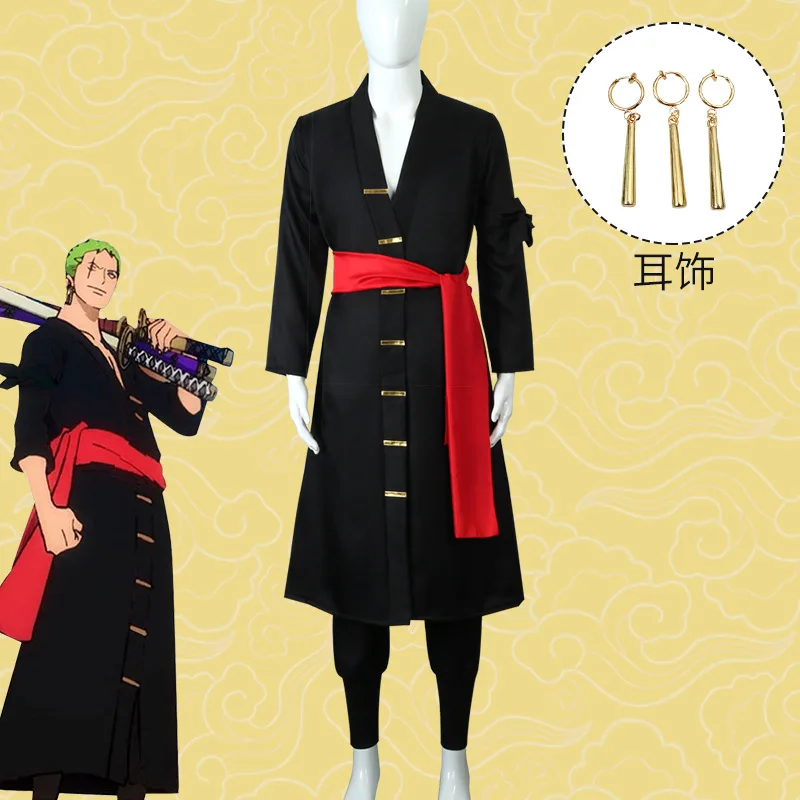 Anime Roronoa Zoro Cosplay Costume Uniform Black Coat Belt Pants Head Scarf Roronoa Zoro Wig Earrings Halloween Men Clothes