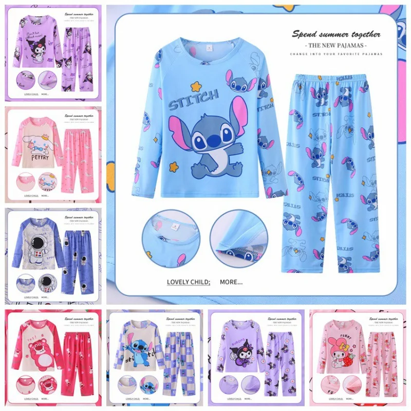 

2024 Autumn Children Milk Silk Pajamas Sets Stitch Sanrioed Anime Cinnamoroll Kuromi Boys Girls Sleepwear Kids Homewear Clothes