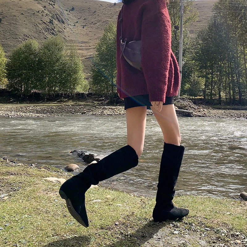 QUTAA 2026 موضة البقرة المدبوغ أخبار النساء حذاء برقبة للركبة الخريف النعال الكعوب أشار تو أحذية طويلة الشتاء أحذية امرأة 34-40 #6