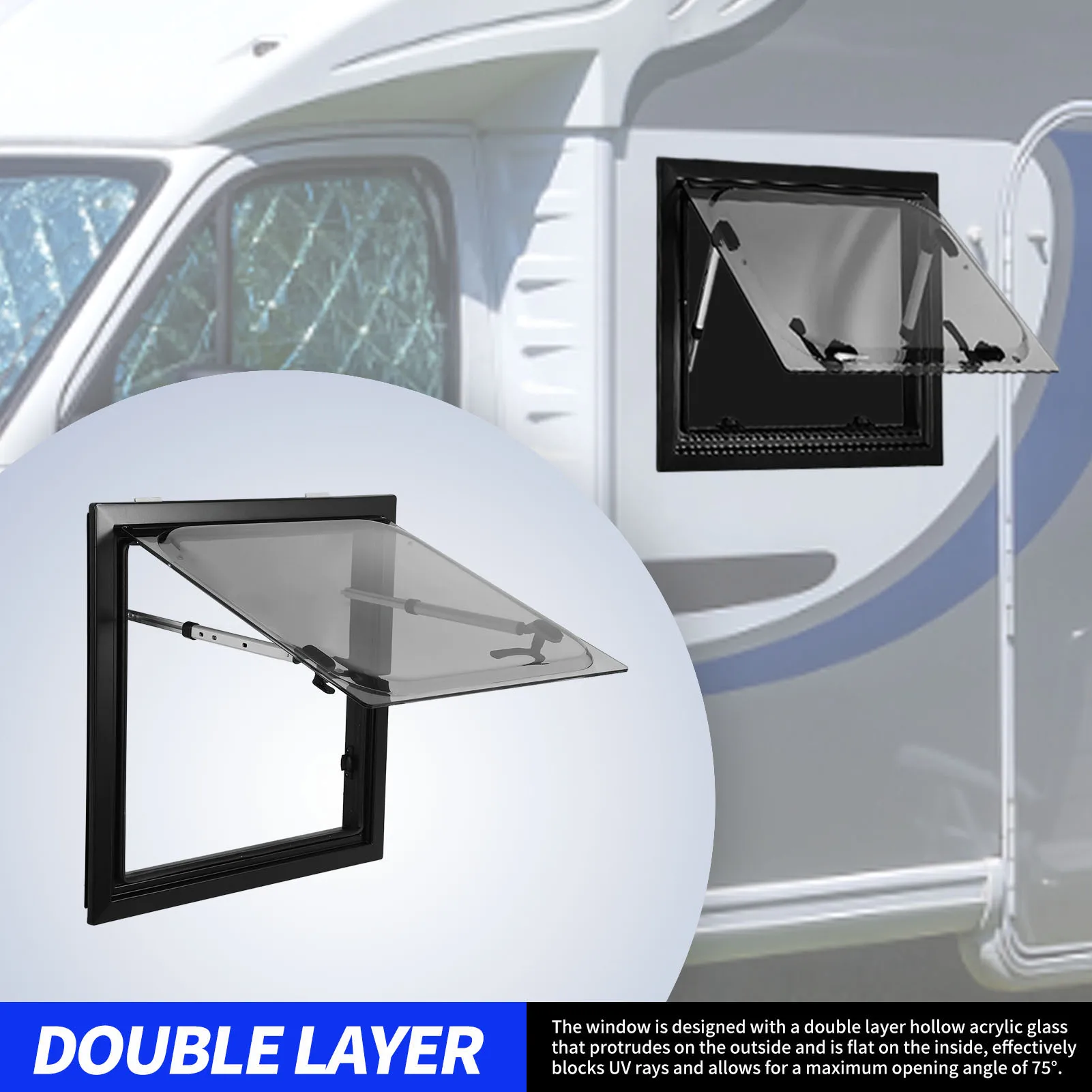 

RV Opening Window 20 X 20in RV Push Out Window Insect Proof UV 75 Deg Opening for Trailer Motorhome