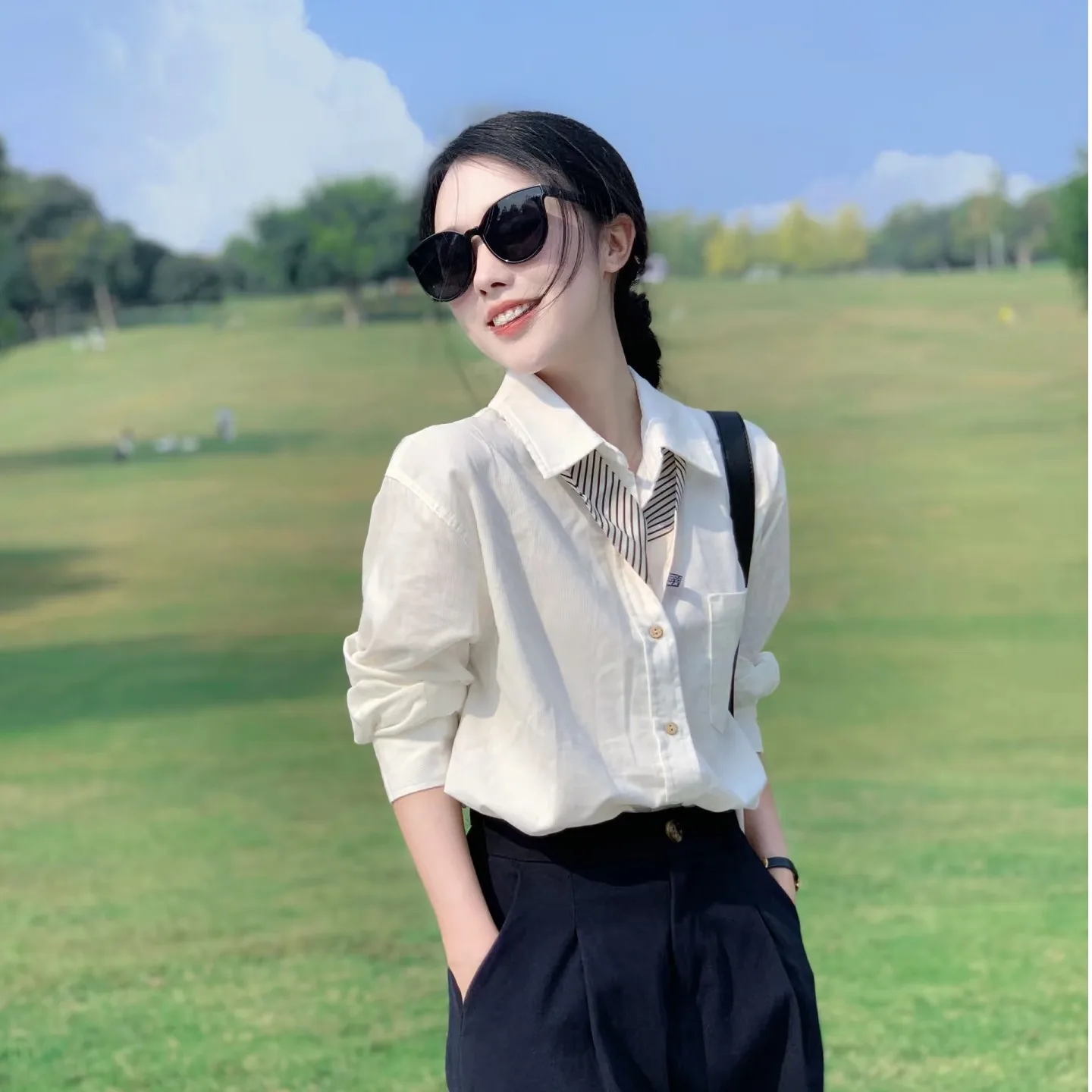 Ele White Long Sve  irt Women's Profional Faion Spring Autumn High-End Feelings South Oil Big Brand