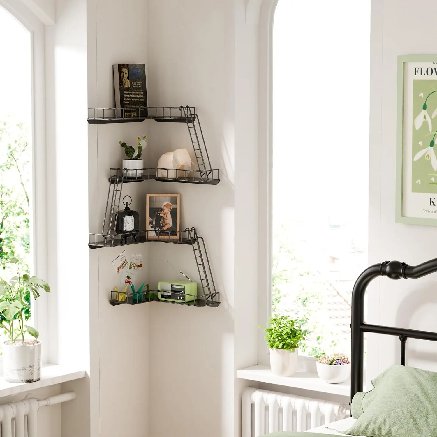 Fire Escape Wall Shelf - Modern City Style 4-Tier Corner Wall Shelves, Easy to Install Metal Ladder Shelf for Figures, New York Decorative Shelves for Bathroom, Living Room & Home Decor,Black