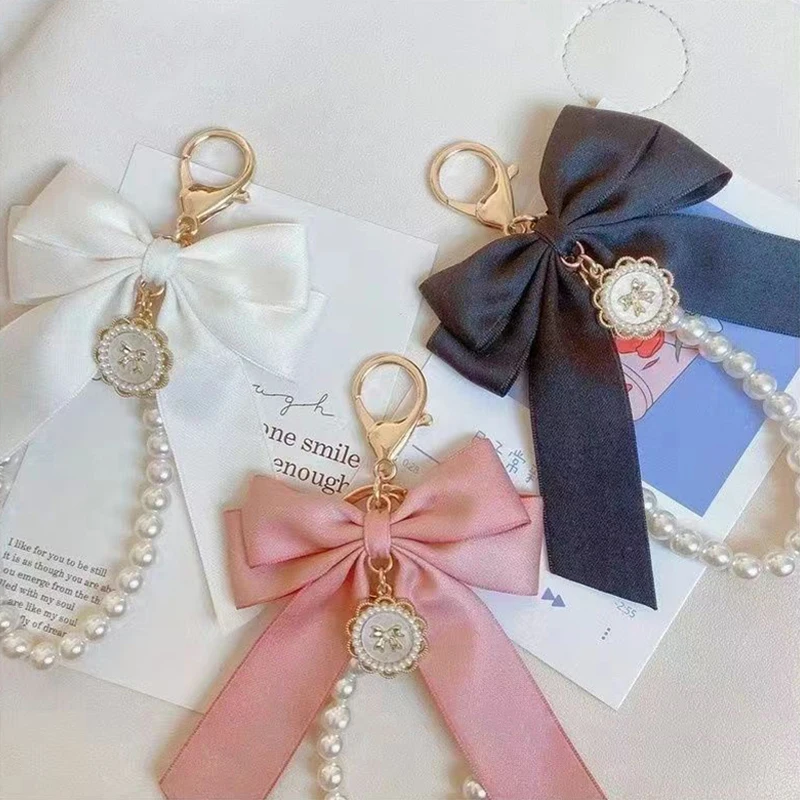 Faux Pearl Bow Keychain para Bolsa Bag, Acessórios Pingente, Pulseira Frisada Bonito, Fita Do Charme Do Carro