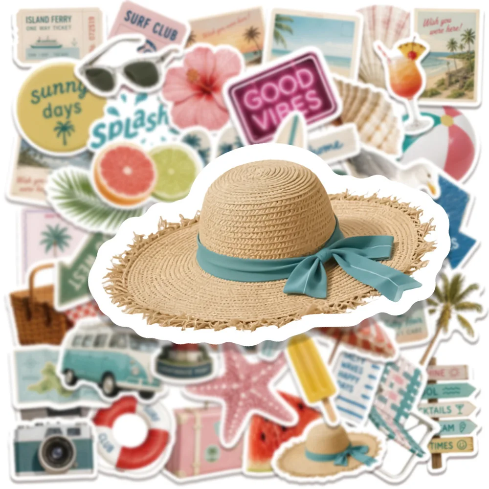50Pcs Summer Vacation Waterproof Graffiti Stickers Beach Aesthetic Decals for Laptop Phone Suitcase Water Bottle DIY Crafts