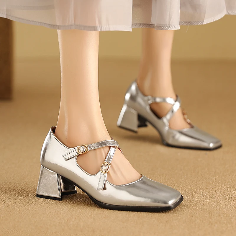 Spring Square Toe Mary Jane Shoes Fashion Women Block High Heels Casaul Silver Gold Cross Buckle Shallow Wedding Pumps Shoes 47