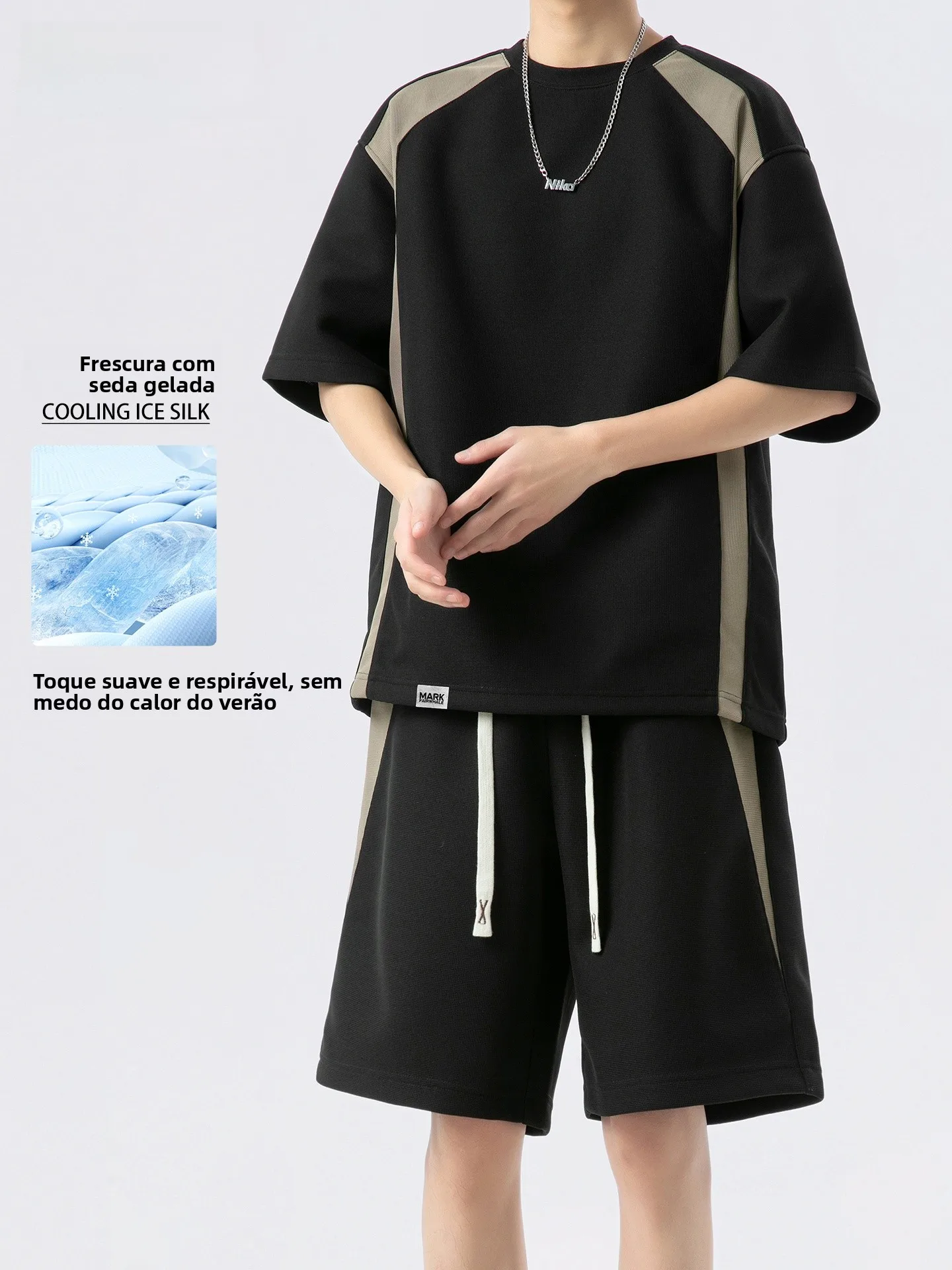Conjunto Casual Esportivo Masculino Mark Fairwhale: Camiseta e Shorts Finos de Verão com Blocos de Cor Pretos em Poliéster pa...