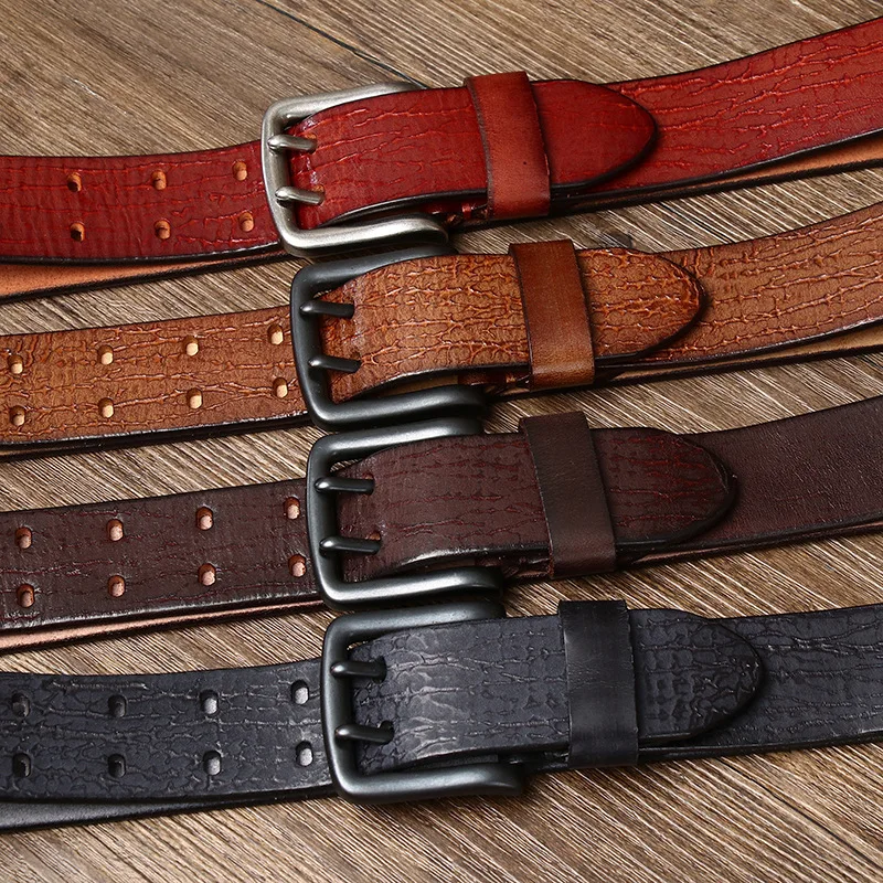 Men's Retro Personality Trend Crack Double Pin Buckle Genuine Leather Belt Denim Casual Belt