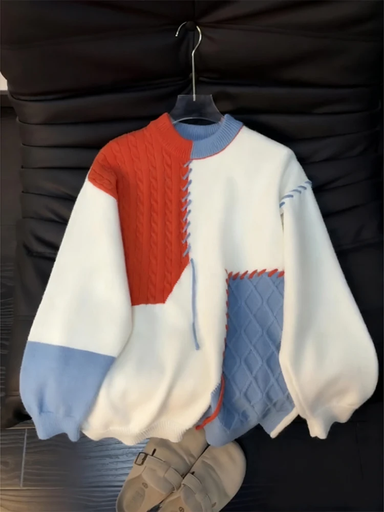 

Color Blo Contrast Men's Knitted Sweater round Ne Lazy Sle Autumn Winter Camere Base Layer Casual Faion Design