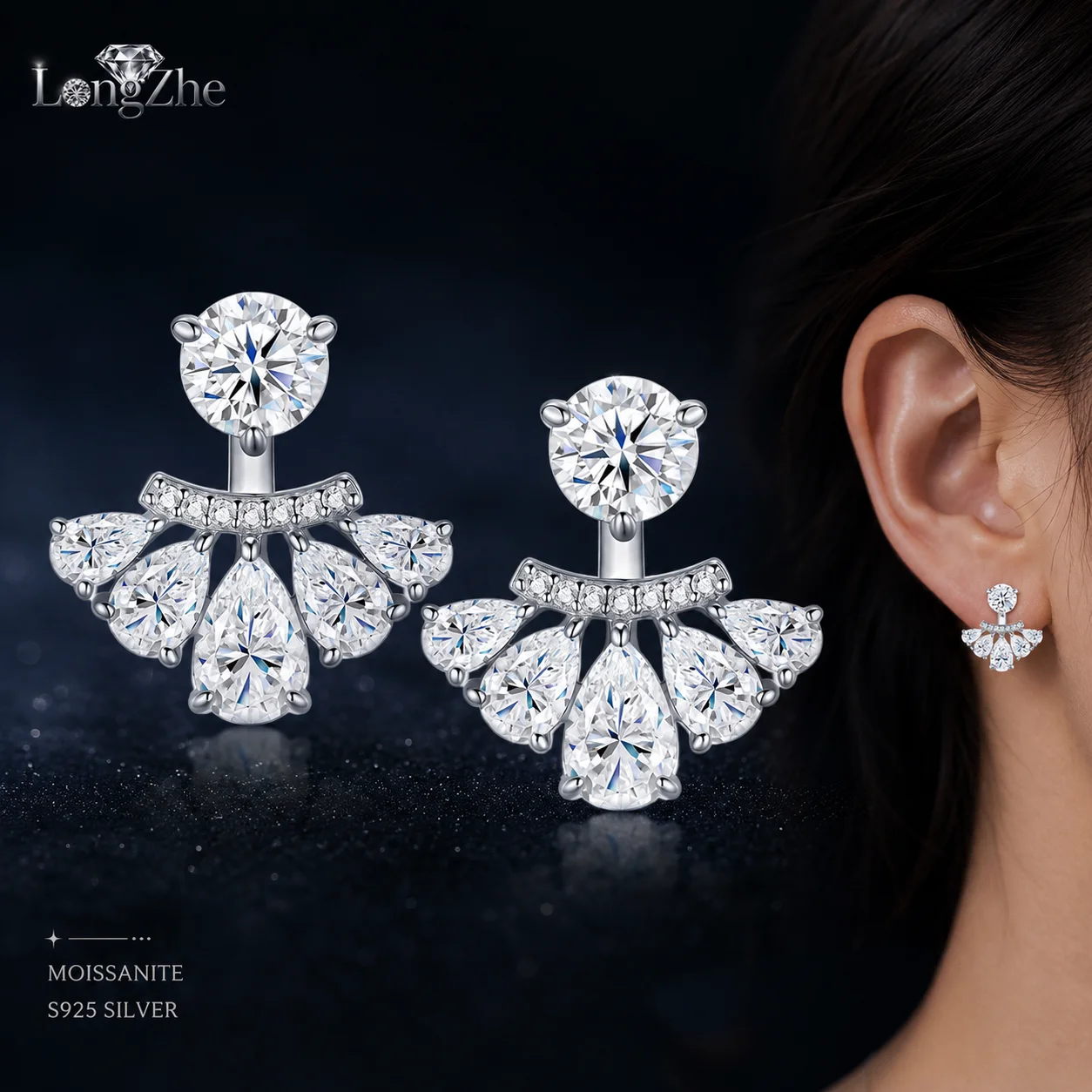 LongZhe Moissanite Stud Earrings S925 Sterling Silver 1CT Two Way Ear Jacket Earrings Luxury Daily Party Jewelry Gift for Women