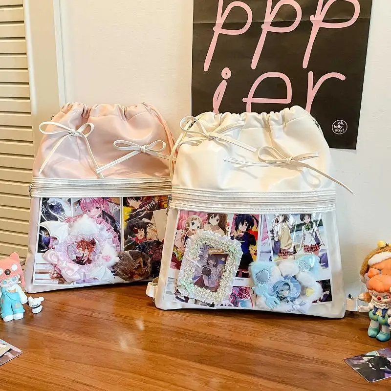 HAEX Y2K Women Ita Bags 2025 Clear Window DIY Anime Badge Card Backpacks Aesthetic Trend Designer PU Bow Crossbody Shoulder Bag