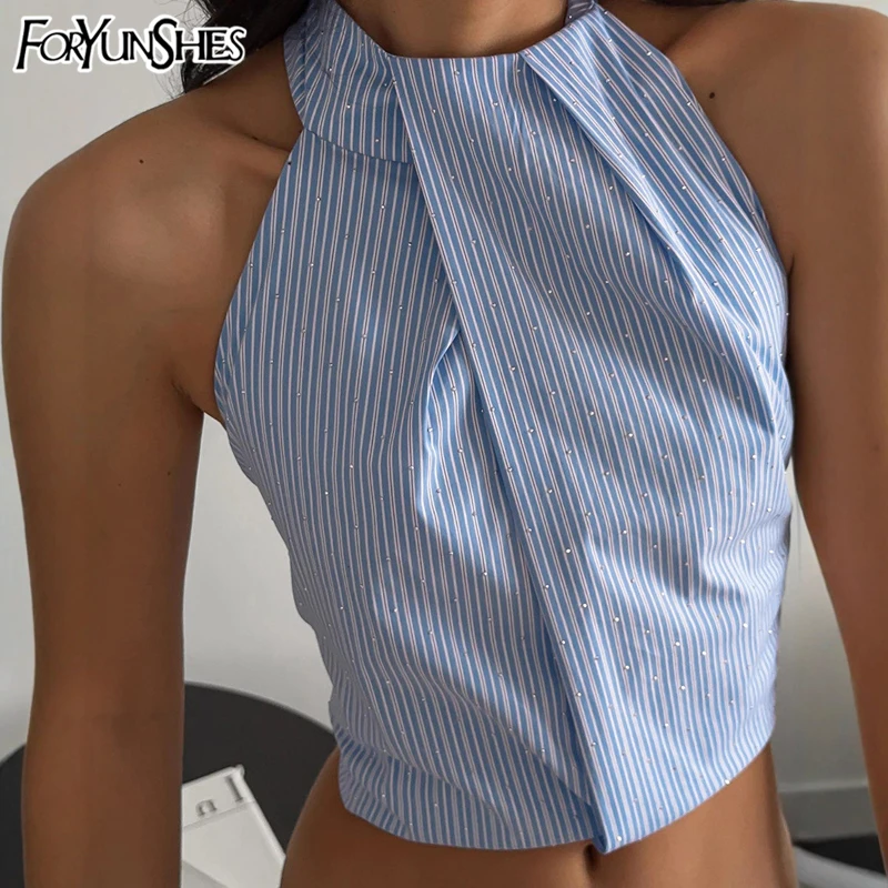 

Elegant Sleeveless Women Camisole Top Fashion Sweet Striped Printed Backless Bow Lace Up Vest 2025 Summer Casual Y2K Clothes