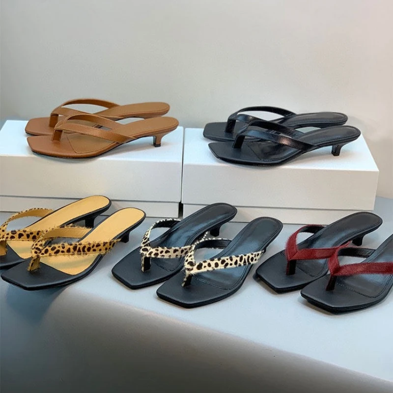 

Luxury Brand Leather Heeled Flip Flops Women's Kitten Heel Leather Flip Flops Square Toe Sandals for Casual & Evening Wear