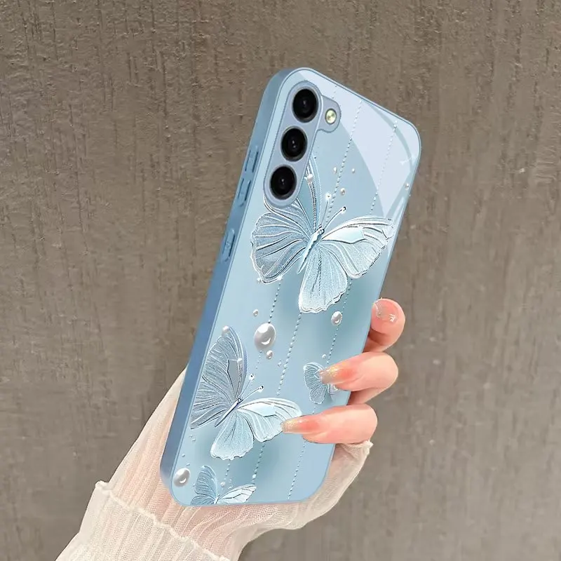 Butterfly Pearl Pattern Glass Phone Case Suitable for Samsung Galaxy S26 S25 S24 S23 S22 S20 FE/Ultra/Plus Anti Drop Back Cover