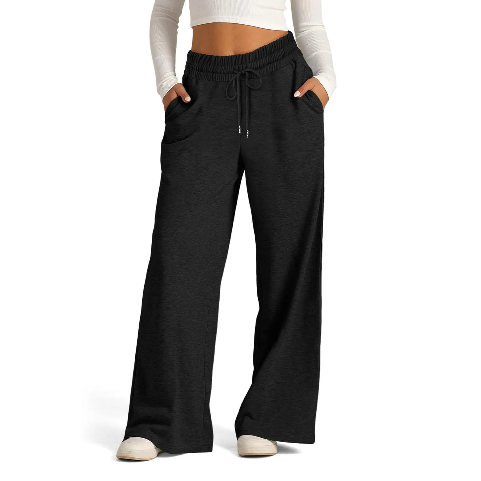 autumn and winter European and American men's and women's rope solid color waist cinching fashion wide leg warp casual pants