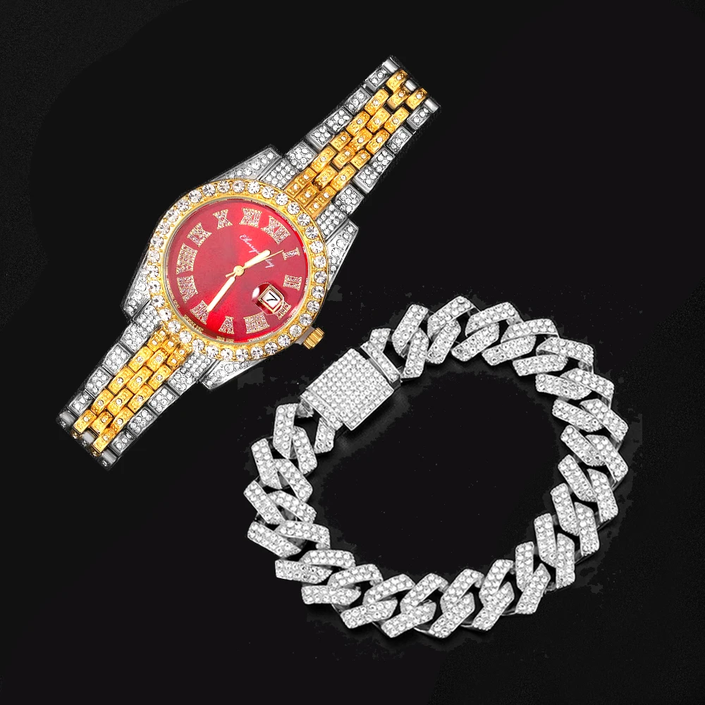 Iced Out red Color Watch Women\'s Luxury Rhinestone Cuban Chain Bracelet Watches Fashion Wrist Watch Hip Hop Jewelry new Men Gift