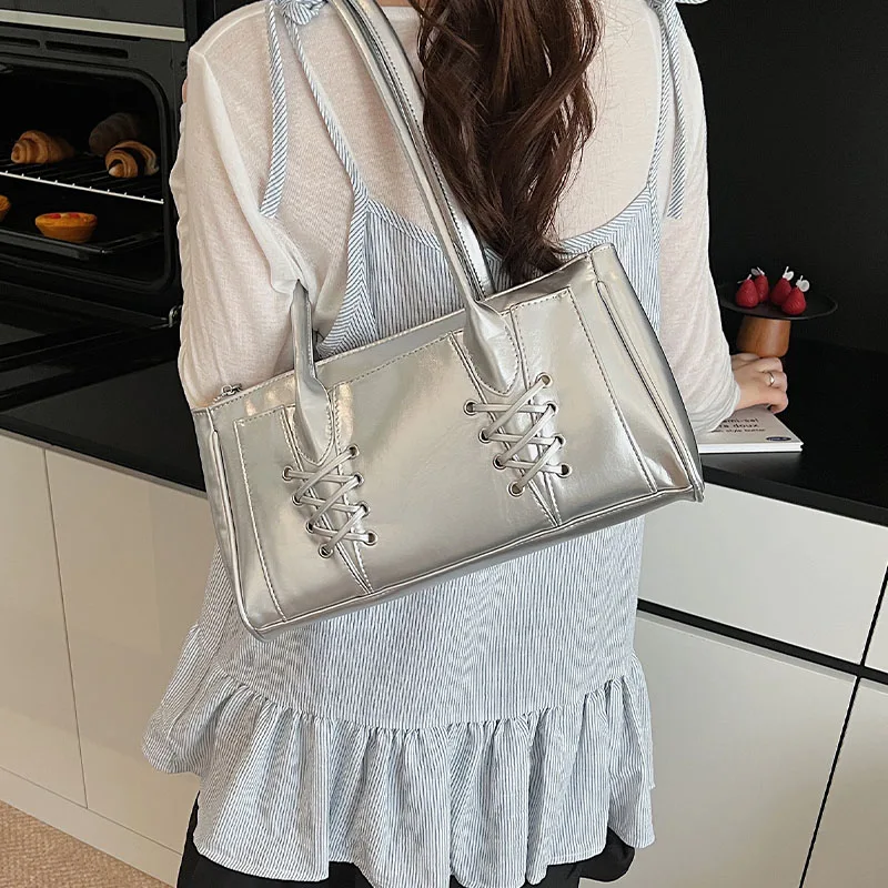 

Korean Edition Bandage Women Handbags 2025 New Trend Large Capacity PU Single Shoulder Bag Female Daily Commuting Underarm Pack
