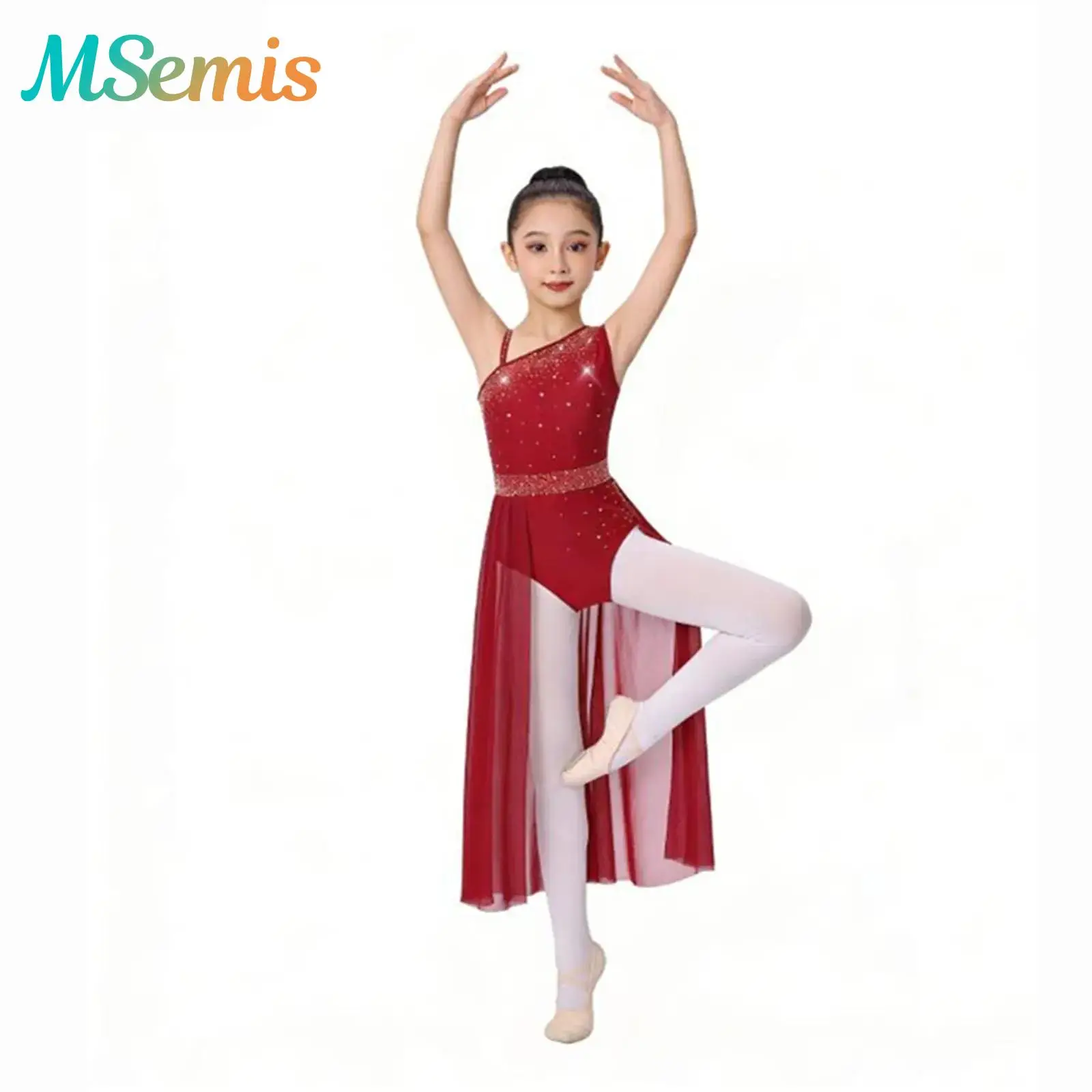 

Kids Girls Glittery Rhinestones Gymnastics Ballet Jersey Lyrical Dance Performance Costume Sheer Mesh Skirted Leotard Dress